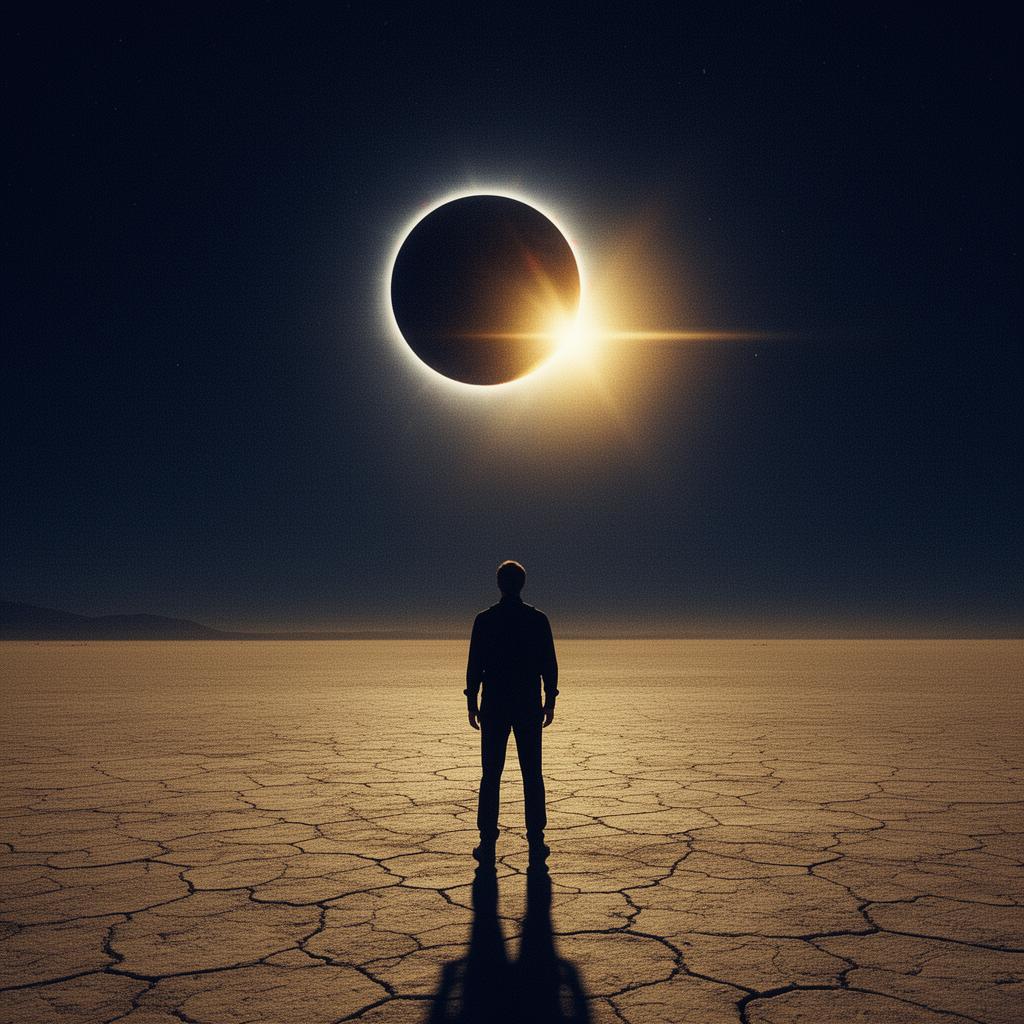 Lone figure seen from behind on a barren plain, watching the sun emerge from a solar eclipse