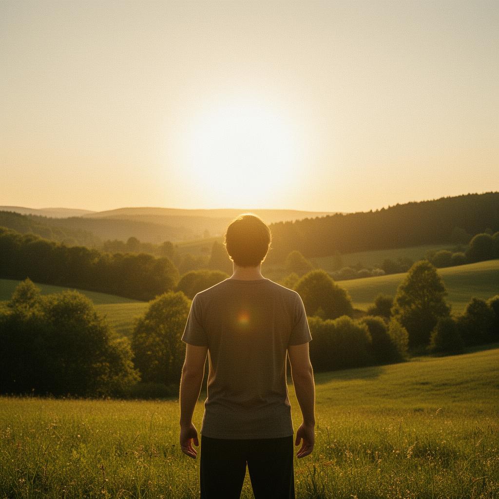 Lone figure seen from behind surrounded by rolling green fields, lush forests and a golden sunrise